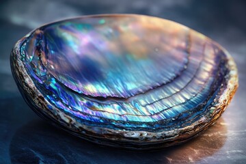 A shimmering abalone shell displays a mesmerizing blend of iridescent blues, purples, and golds with a beautiful glossy finish.
