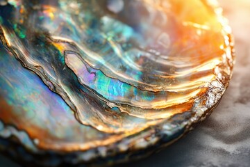 Iridescent layers of a seashell shimmer with blues, greens, golds, and purples, reflecting light in a dazzling natural display.