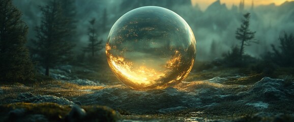Mystical sphere floating above an eerie landscape at twilight artistic creation