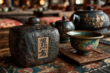 Traditional Tea Ceremony Setup with Ornate Teapot and Cup on a Richly Decorated Tablecloth