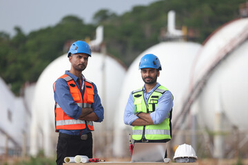 A portrait of an engineering team wearing safety vests and hard hats, standing with arms crossed in...