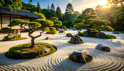Serene Zen Garden Tranquil Bonsai, Raked Sand, and Stone Serenity
