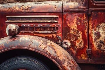 Fototapeta premium Close-up of a heavily rusted vintage truck with peeling paint and weathered details, showcasing age and decay.