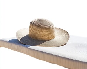 A stylish sun hat resting on a poolside lounge chair, capturing the essence of luxurious summer relaxation, isolated on a white background