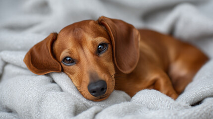 A brown dachshund resting peacefully on a soft gray blanket, lying comfortably with relaxed eyes, cozy indoor setting with gentle natural light calm, warm, and adorable. brown dach