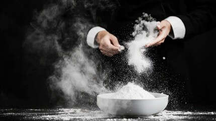 Obraz premium A chef sprinkles flour over a bowl, creating a cloud of powder against a dark background.