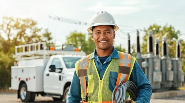 Smiling male worker in safety gear holds cable near service truck at power station