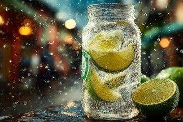 Refreshing Citrus Splash in a Glass Jar with Ice and Water Droplets