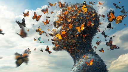 A symbolic representation of growth, as a human figure breaks into a fluttering swarm of butterflies, symbolizing freedom and metamorphosis