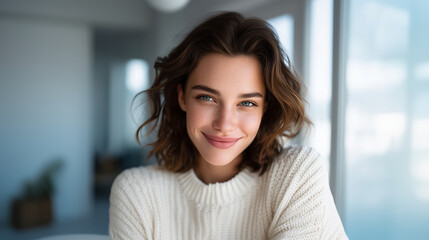 Beautiful woman with a bright white smile relaxing at home, sitting near a window in natural light, wearing casual clothes, glowing skin and confident expression fresh, natural, an