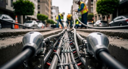 Electric cables lie in a trench on a city street during the installation of an urban electricity network by electricians.