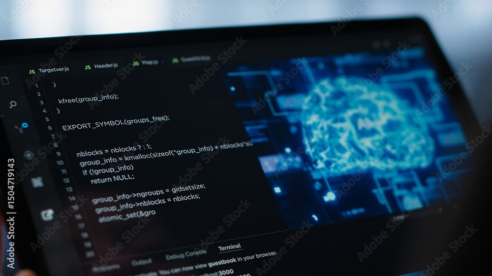 Poster data center technician using artificial intelligence on tablet to prevent vulnerabilities. employee 