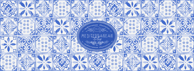 Fototapeta na wymiar Seamless Mediterranean Italian pattern. Vector blue illustration Italian tiles, ceramics, pattern, mosaic, ornament for background, textile or banner