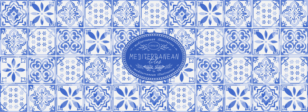 Seamless Mediterranean Italian pattern. Vector blue illustration Italian tiles, ceramics, pattern, mosaic, ornament for background, textile or banner