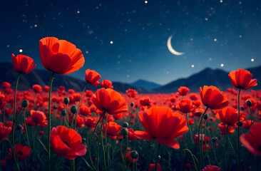 Fototapeta premium A field of vibrant red poppies under a starry night sky. A crescent moon hangs above the mountains in the background, creating a serene atmosphere.