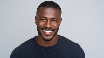 Headshot portrait of happy African American man with healthy, bright smile on neutral background.