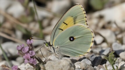 Pale Green Butterfly on Rocks and Flowers