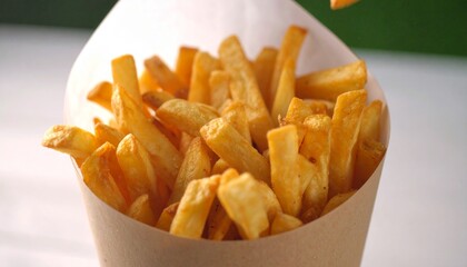 Crisp French Fry Sticks Falling into a Serving Cone