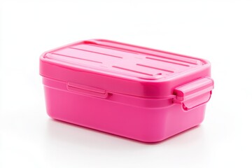A vibrant pink plastic lunch box, isolated on a white background, ideal for packing meals in style