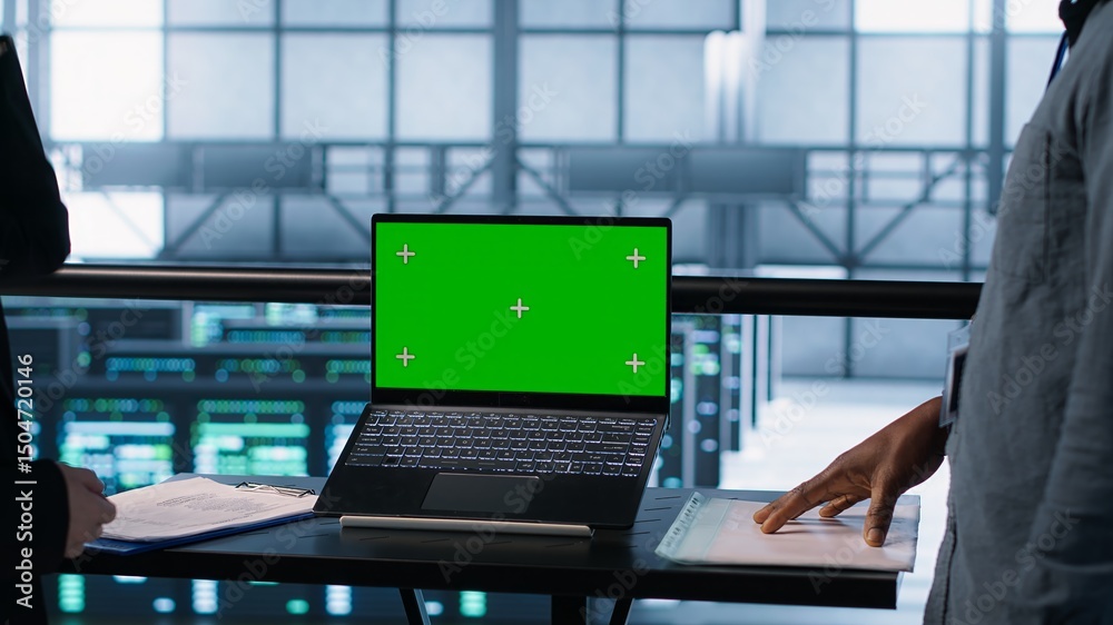 Poster coworkers in data center using mockup laptop, integrating green technologies. it experts in server r