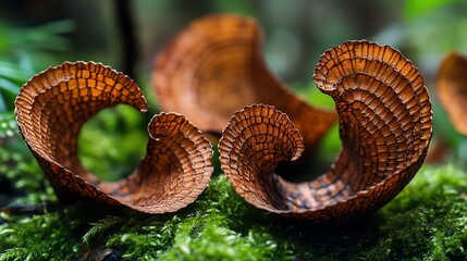 Elegant trumpet fungus specimens on vibrant green moss, a natural woodland marvel