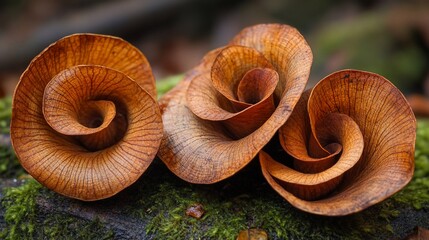 Three natural spirals on moss, showcasing intricate leaf structure and autumnal beauty