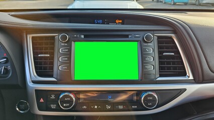 Car Dashboard Display with Green Screen for Mockup, Automotive Interior View