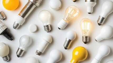 Collection of various light bulbs in different shapes and colors on a light background