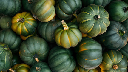A vibrant collection of green acorn squash with yellow highlights, perfect for autumn, agriculture, or farm-to-table visuals. Acorn squash pile with green and yellow skin

