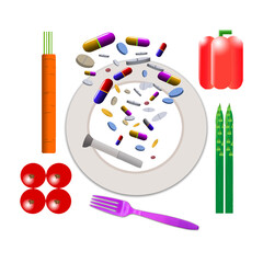 Diet pills and other weight loss medications are seen with diet food in a 3-d illustration.