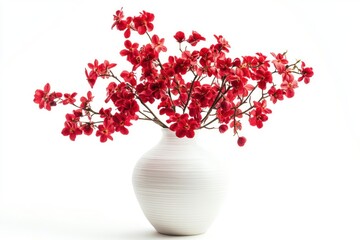 A white vase adorned with red flowers, isolated against a white background, offering a fresh and bold look