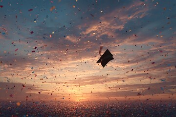 Graduation cap is thrown in the air surrounded by colorful confetti during a beautiful sunset over a calm sea, celebrating academic achievement and new beginnings