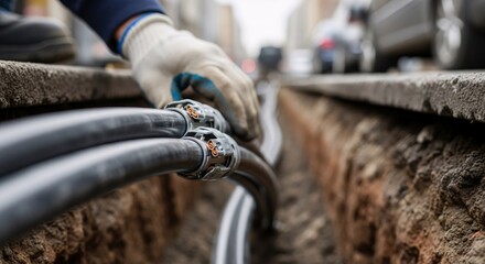 Man installing electric cable in trench. Worker burying power line underground. Urban electricity network construction and maintenance.