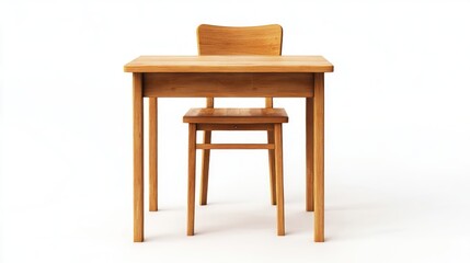 A wooden school chair and table set, isolated on a white or white background