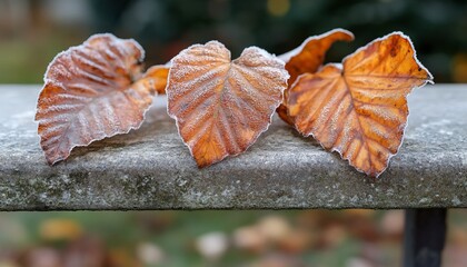 Frosty Autumn Leaves: A close-up of frozen leaves on a stone bench in winter