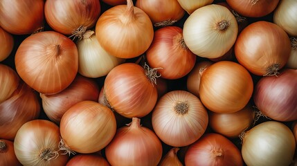 Close-up of freshly harvested red and yellow onions stacked together, ideal for use in culinary, farming, or food market themes. Heap of yellow and red onions in natural light

