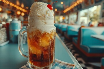 Refreshing Root Beer Float in a Glass Mug with Ice Cream and Cherry on Top