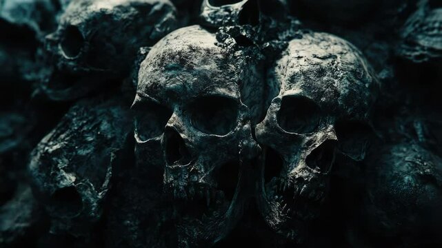Two skulls sit atop a stack of rocks, potentially in an archaeological or occult context