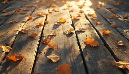 Autumn serenity: fallen leaves on aged wooden planks bathed in warm sunlight