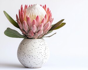 Beautiful protea flower in a speckled white vase, isolated on a white background, creating an artistic visual
