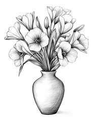 Black and white drawing of flowers in a simple vase, isolated against a white background