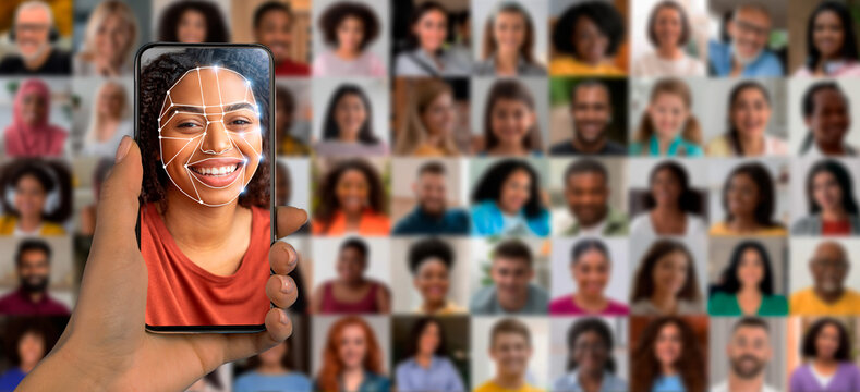 A person uses a smartphone to scan their face for identification. The background displays a collage of diverse faces, showcasing the capabilities of modern technology in personal identification.