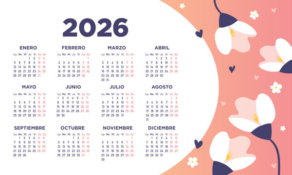 calendario 2026 con flores en espa&ntilde;ol. Dise&ntilde;o horizontal	