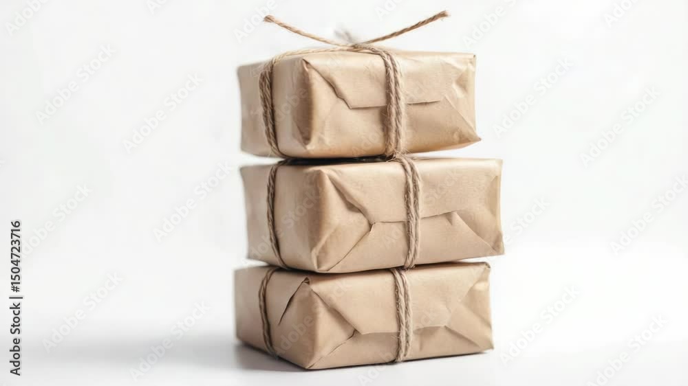 Poster a stack of three packages wrapped in brown paper with a rustic, natural look