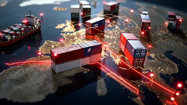 Container ship and cargo boxes shown over the land with lights, symbolizing supply chain routes over a dark, geographical representation