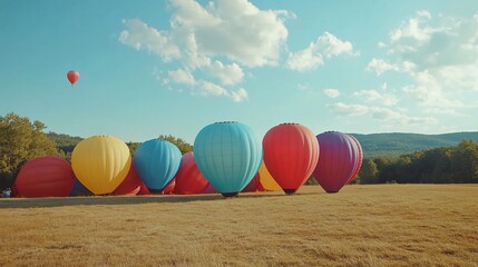 Colorful Hot Air Balloons Resting on Field Ready for a Scenic Flight Adventure