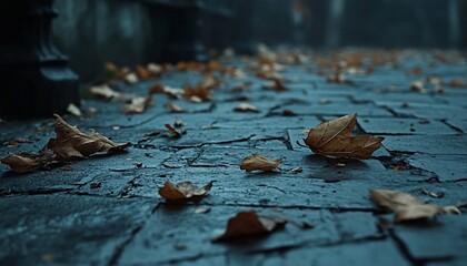 Autumn serenity fallen leaves on stone path create melancholic moody scenery