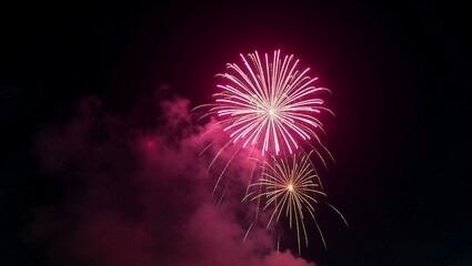Brightly colored fireworks explode in the clear night sky,firework,red,light