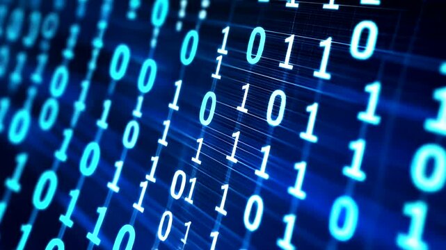 An array of zeros and ones cascade down a blue digital screen with lines of light connecting them in a matrix-like display