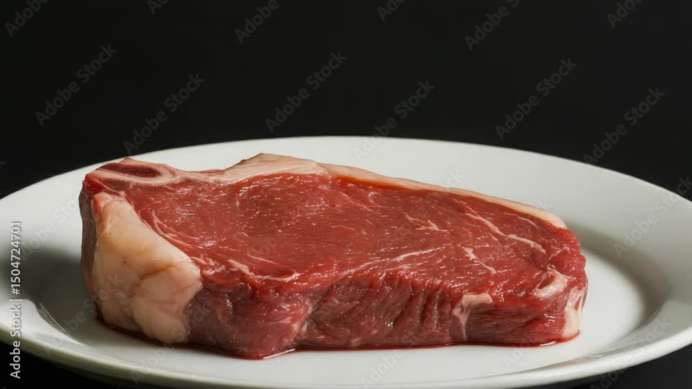 Poster a slice of raw meat served on a clean white plate, suitable for use in food or culinary contexts